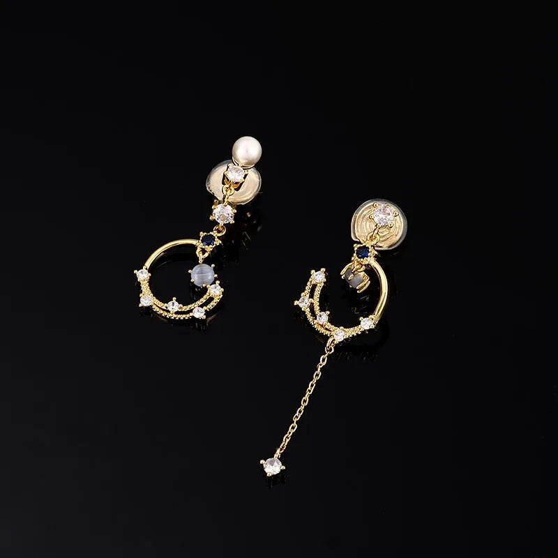 Elegant Asymmetric Crescent Moon Cat Eye Pearl Rhinestone Tassel Stud & Clip On No Piercing Earrings