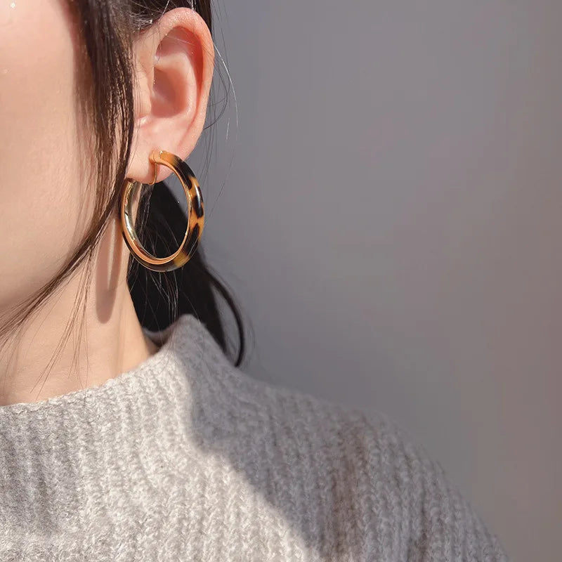 Elegant Brown Leopard Resin Hoop Stud & Clip On No Piercing Gold Alloy Spiral Disc Earrings