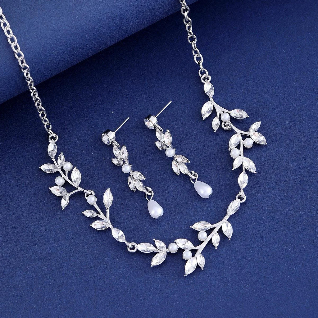 Elegant Bridal Pearl Rhinestone Leaf Necklace Earrings Jewelry Set For Wedding Party Banquet Gift