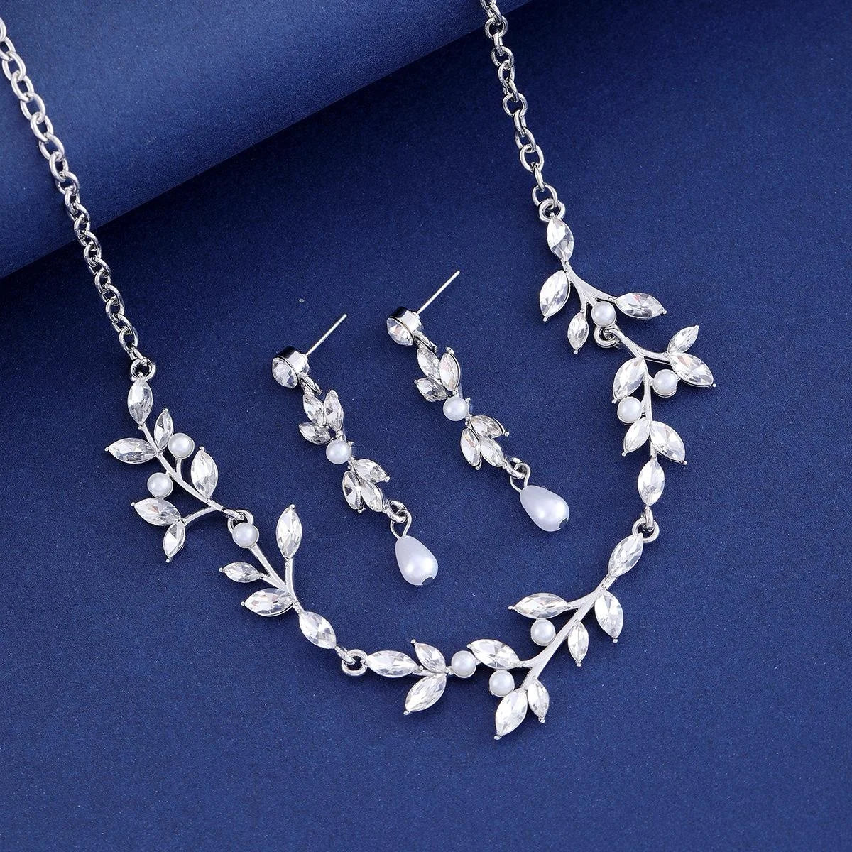 Elegant Bridal Pearl Rhinestone Leaf Necklace Earrings Jewelry Set For Wedding Party Banquet Gift