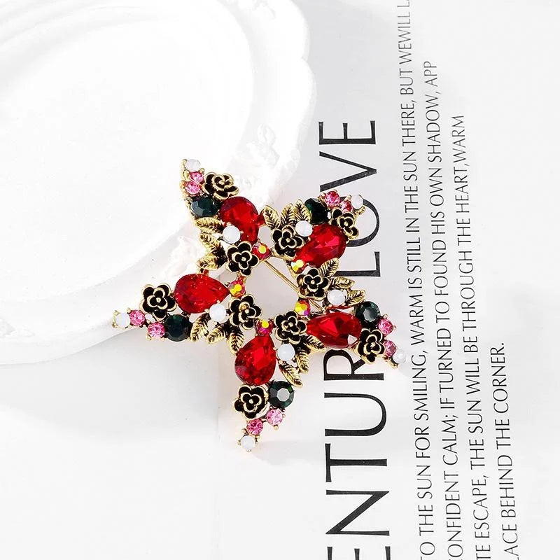Vintage Hollow Star Brooch With Red Rhinestones And Enamel Flowers, Elegant Christmas Lapel Pin Gift