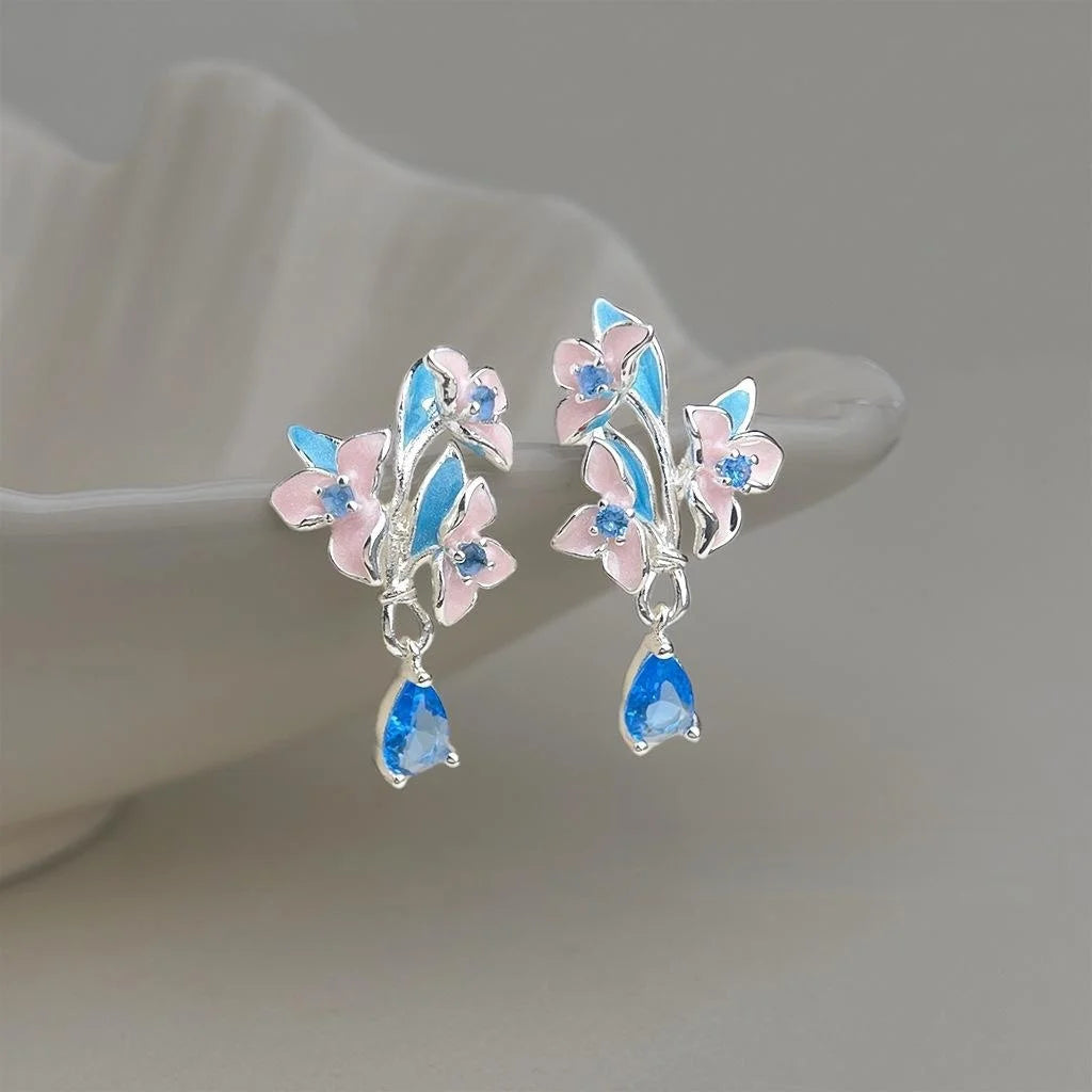 Hand Painted Enamel Orchid Drop Earrings Eco Copper Aquamarine Zircon Floral Sweet Jewelry