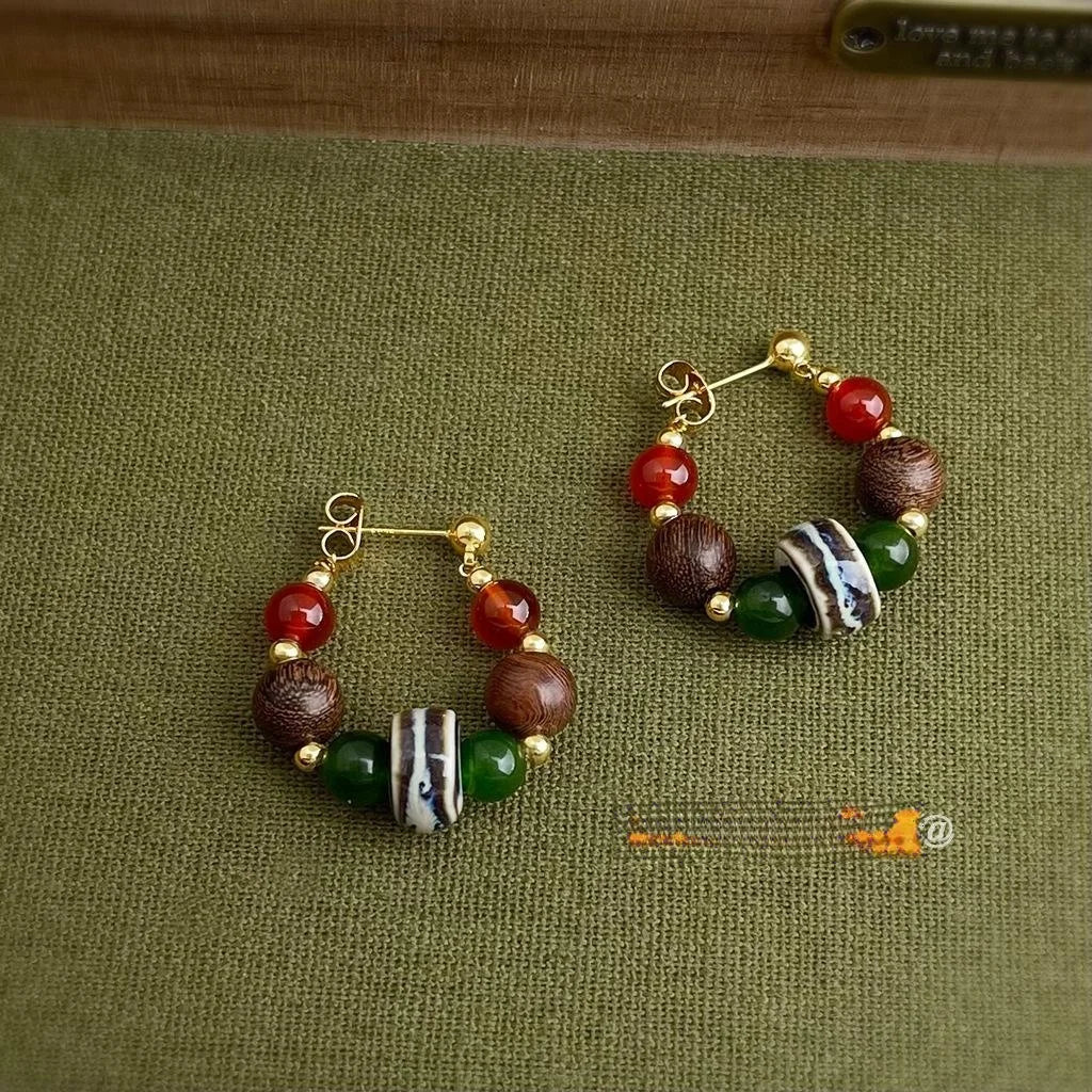 Vintage Handmade Ceramic Agate Geometric Irregular Round Hoop Line Drop Earrings