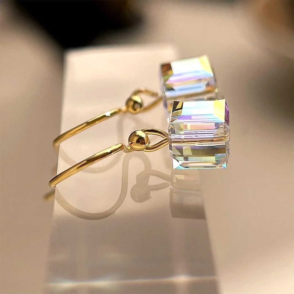 Sparkling Glass Crystal Geometric Square Drop Earrings, Minimalist Luxury Statement Jewelry