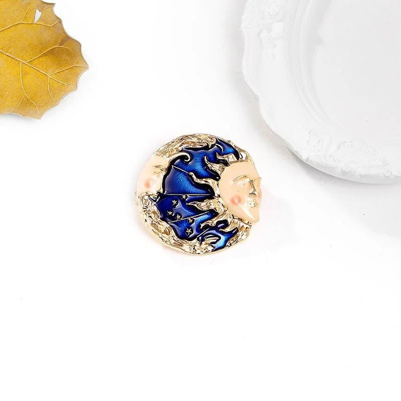 Elegant Enamel Sun And Moon Goddess Brooch, Gold Tone Alloy Celestial Face Lapel Pin Suit Accessory