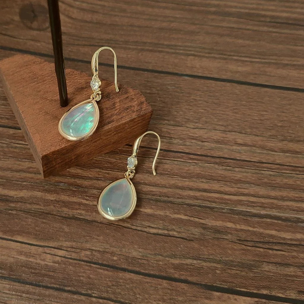 14K Gold Plated Natural Black Mother Of Pearl Teardrop Drop Earrings Vintage Court Style