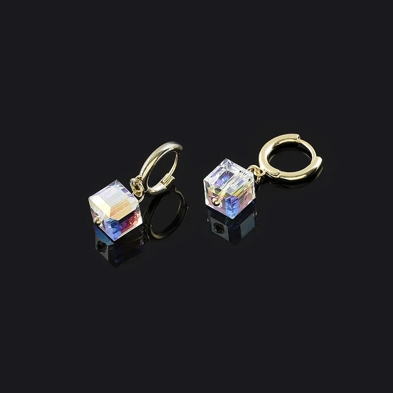 Elegant Gold Tone Cube Crystal Hoop Dangle Stud & Clip On No Piercing Sweet Luxury Earrings