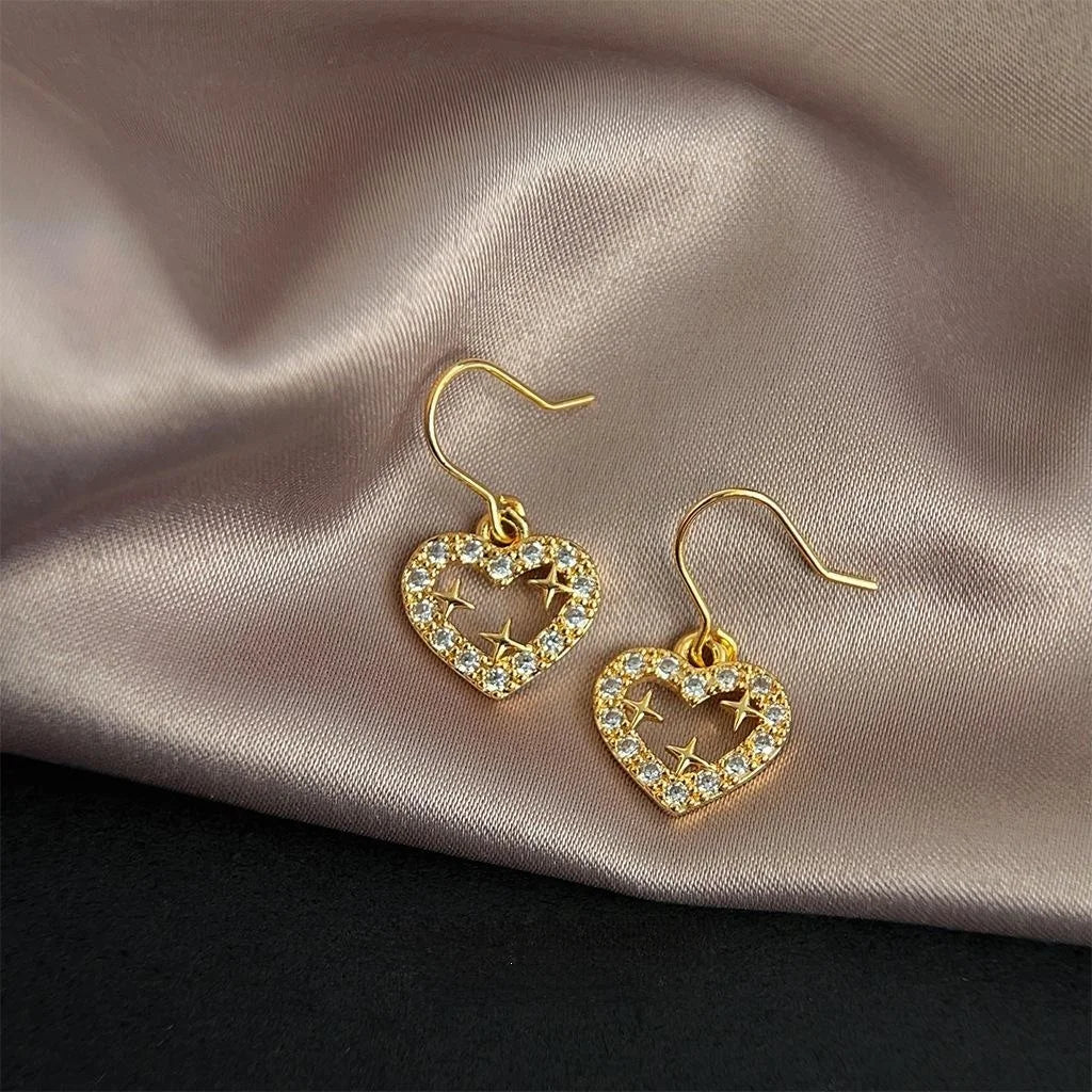 18K Gold Plated Copper Micro Pave Zircon Mini Heart Drop Earrings Light Luxury Jewelry