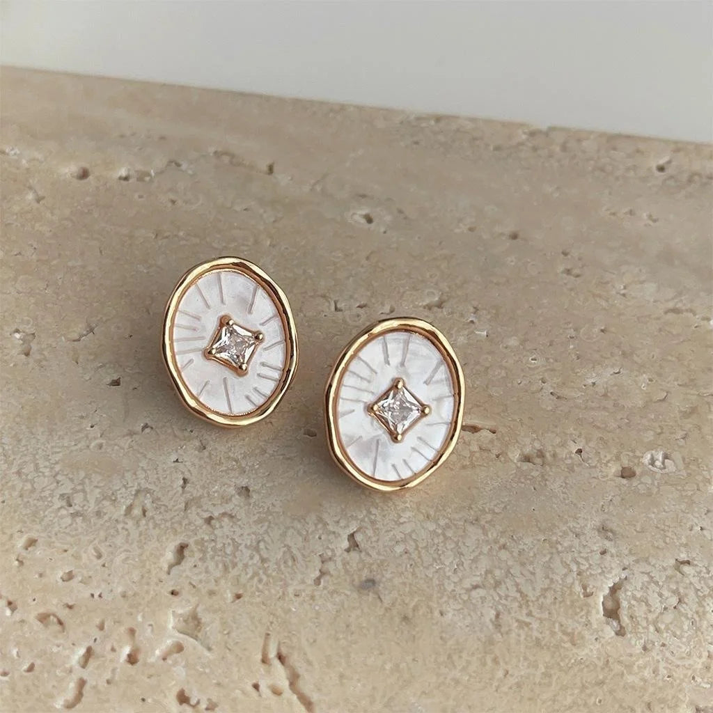 14K Gold Plated Copper Oval Geometric Micro Pave Zircon Drop Earrings Light Luxury Vintage Style