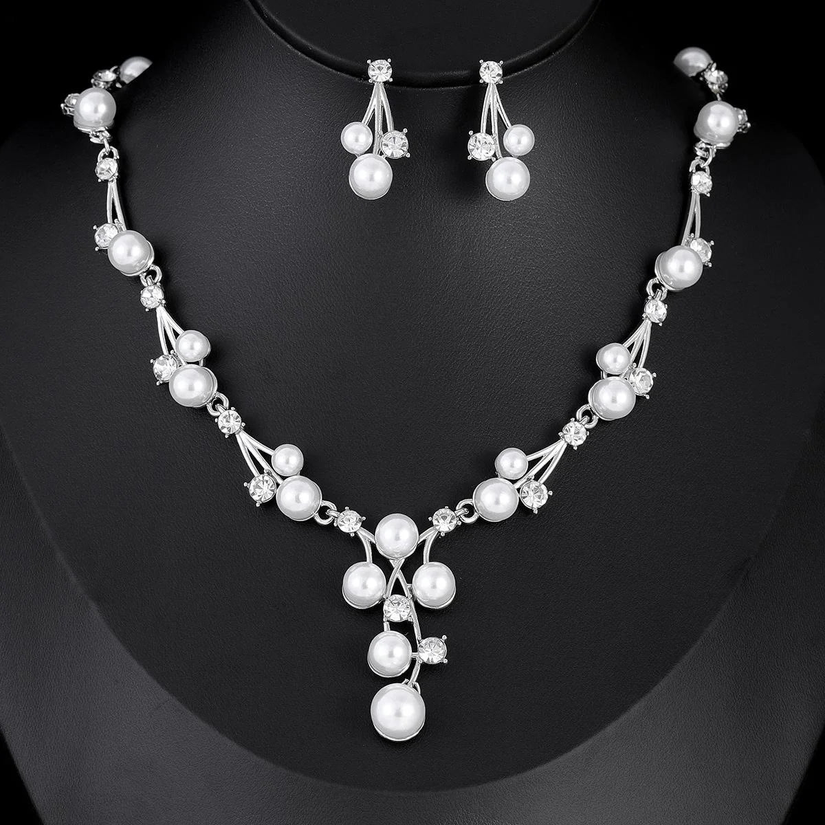 Elegant Pearl Rhinestone Alloy Bridal Earrings and Necklace Jewelry Setfor Wedding Party Banquet Gift