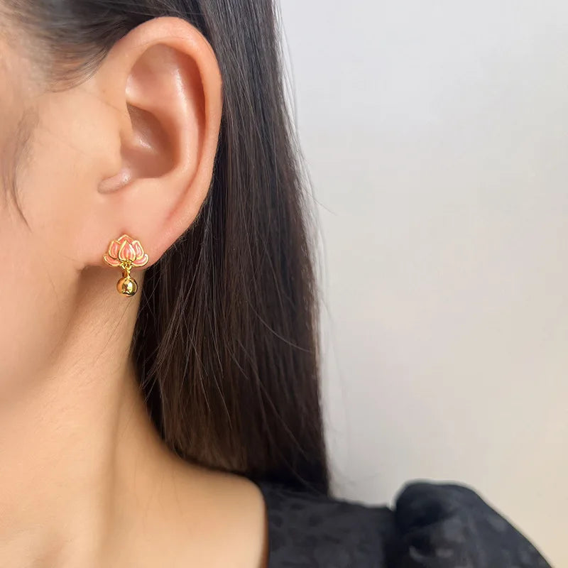 Elegant Enamel Lotus Flower Alloy Stud & Clip On No Piercing Gold Bead New Chinese Style Earrings