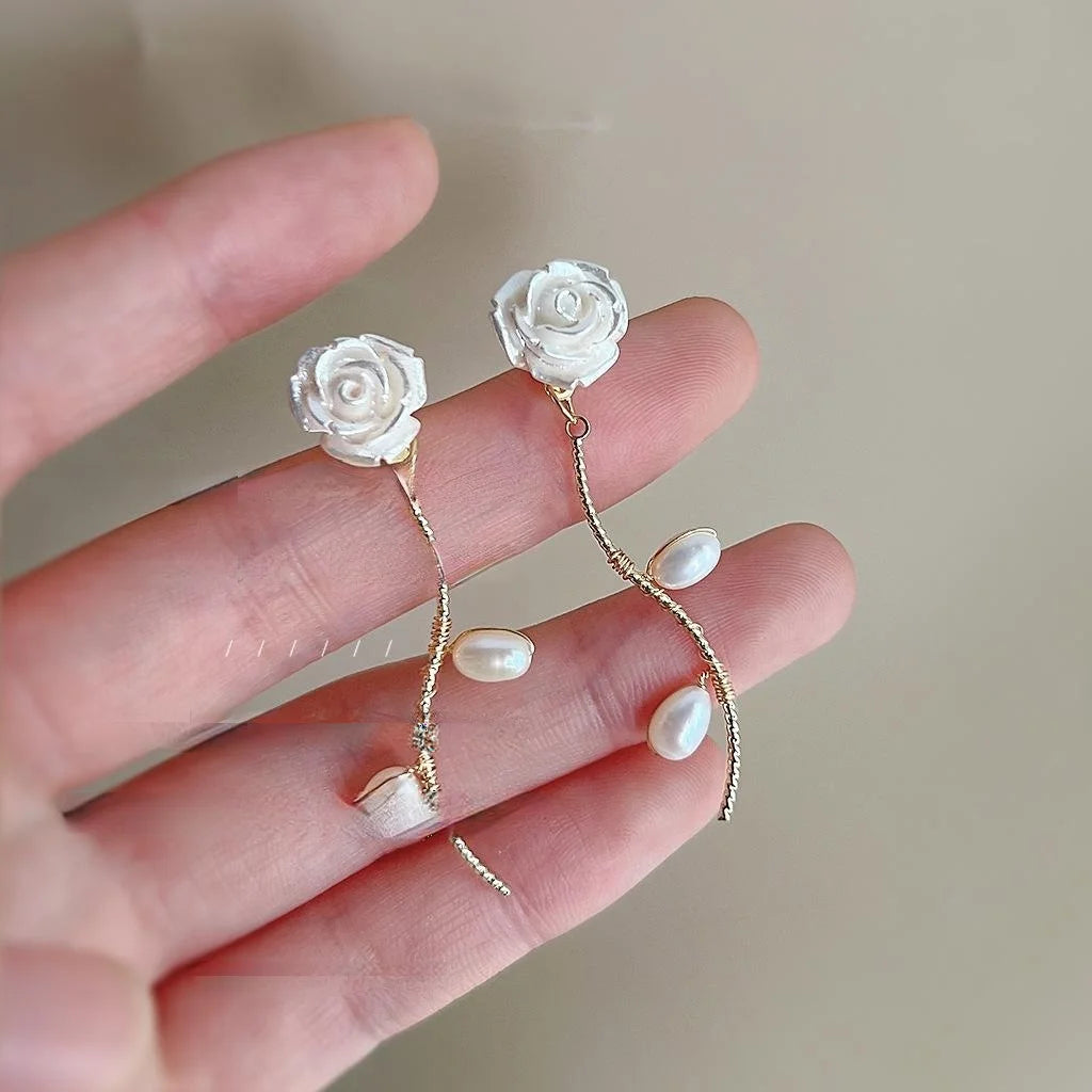 Sweet Floral Freshwater Pearl 14K Plated Copper Tassel Stud Earrings For Women