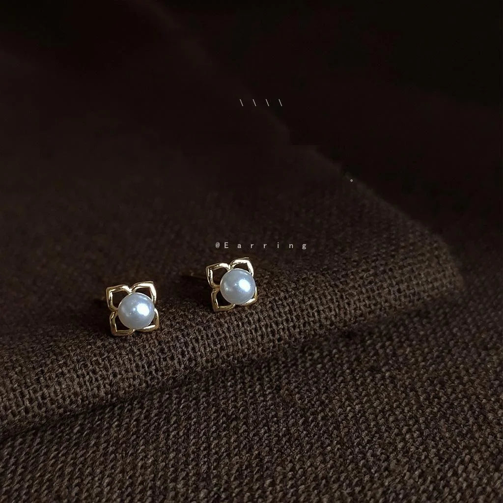 14K Plated Copper Flower Pearl Stud Earrings, Mini Minimalist Korean Style Earrings