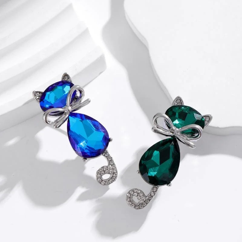 Cute Blue Crystal Cat Brooch With Rhinestone Tail, Elegant Alloy Lapel Pin Corsage Suit Accessory Gift