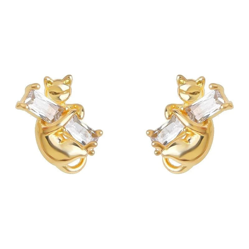 Original Cat Zircon Inlaid Copper Stud Earrings Designer Geometric Style