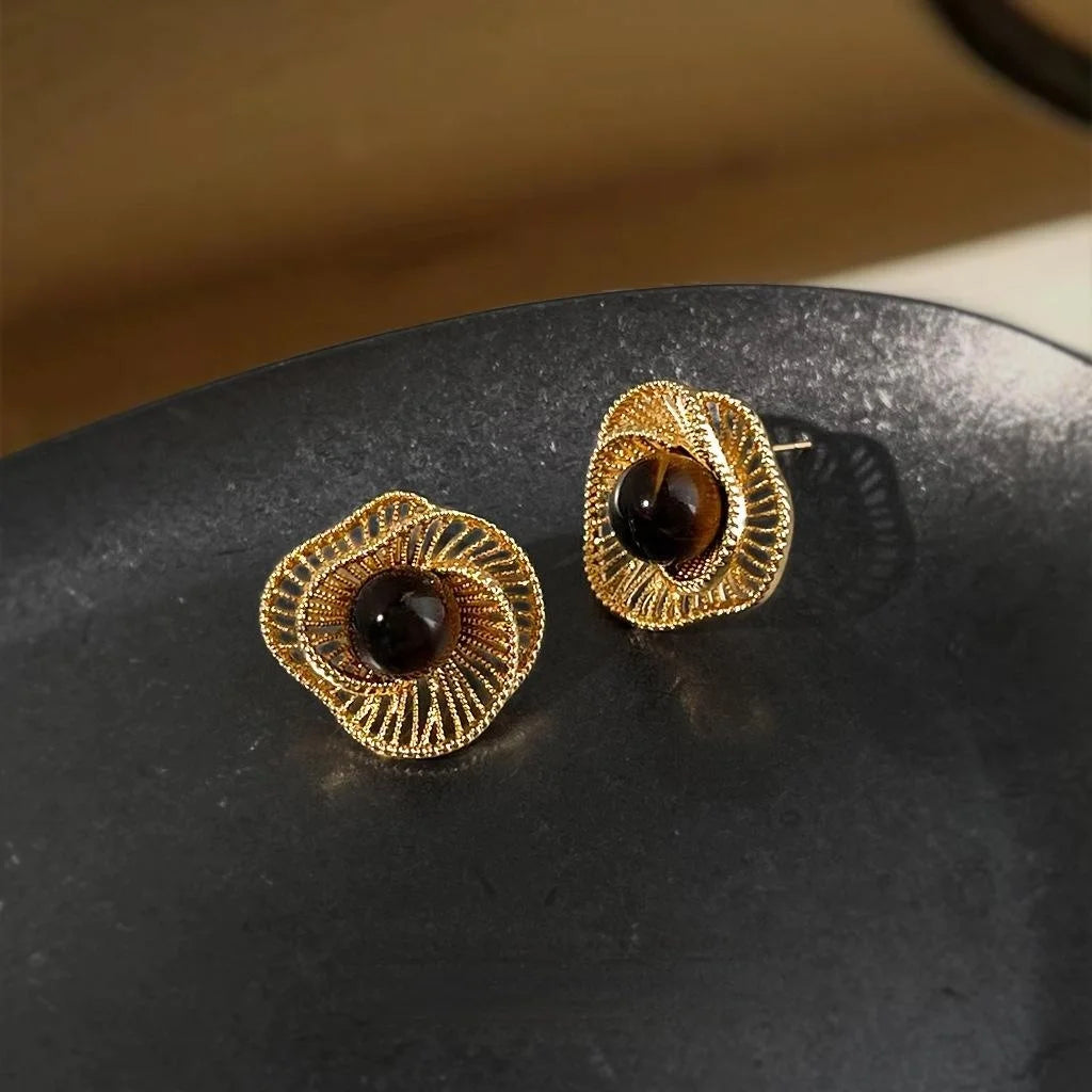 Maillard Style Vintage Tiger Eye Stone Geometric Hollow Flower Drop Earrings