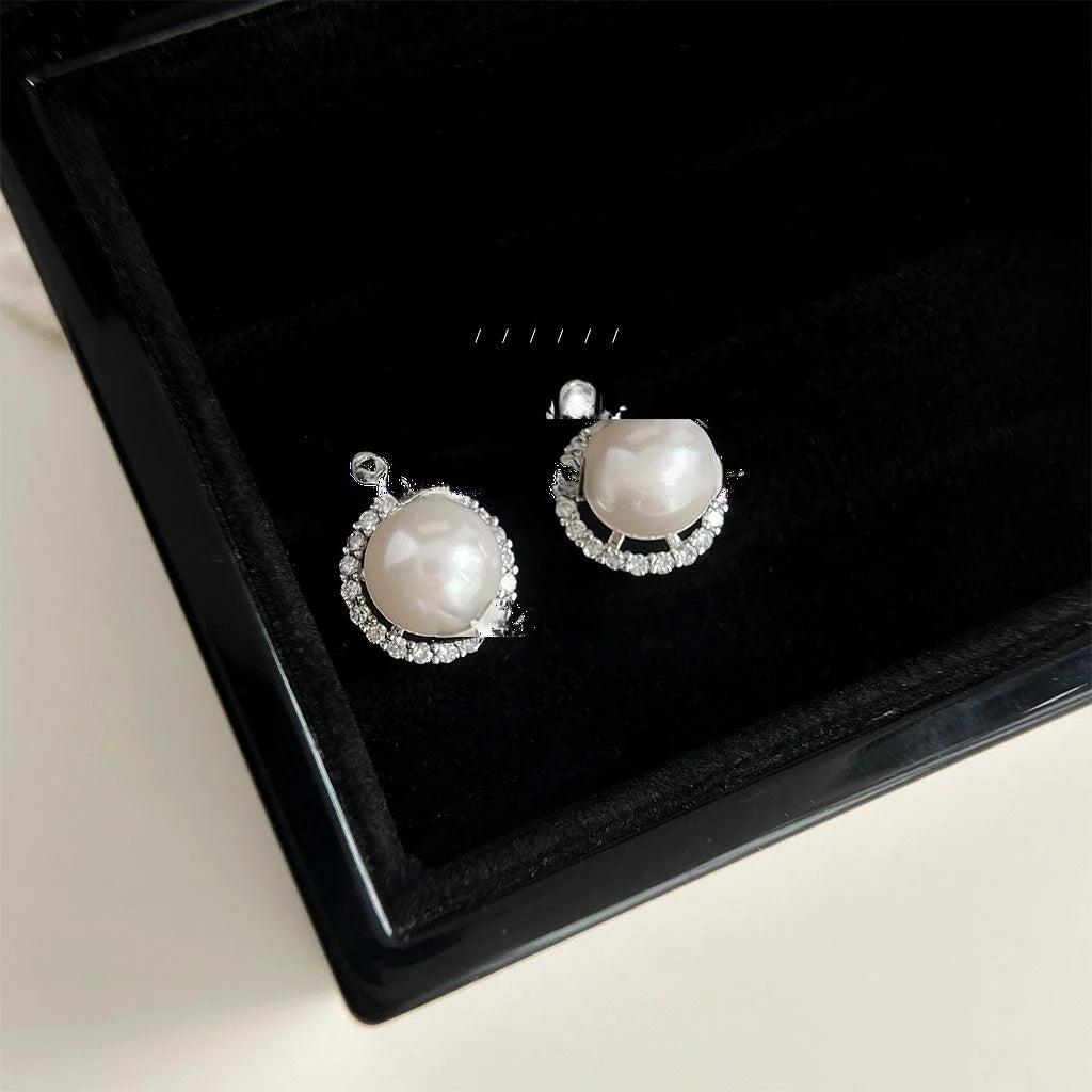 Micro Pave Zircon Glass Pearl Stud Earrings Copper Geometric Round Minimalist Office Jewelry