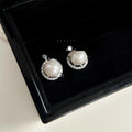 Micro Pave Zircon Glass Pearl Stud Earrings Copper Geometric Round Minimalist Office Jewelry