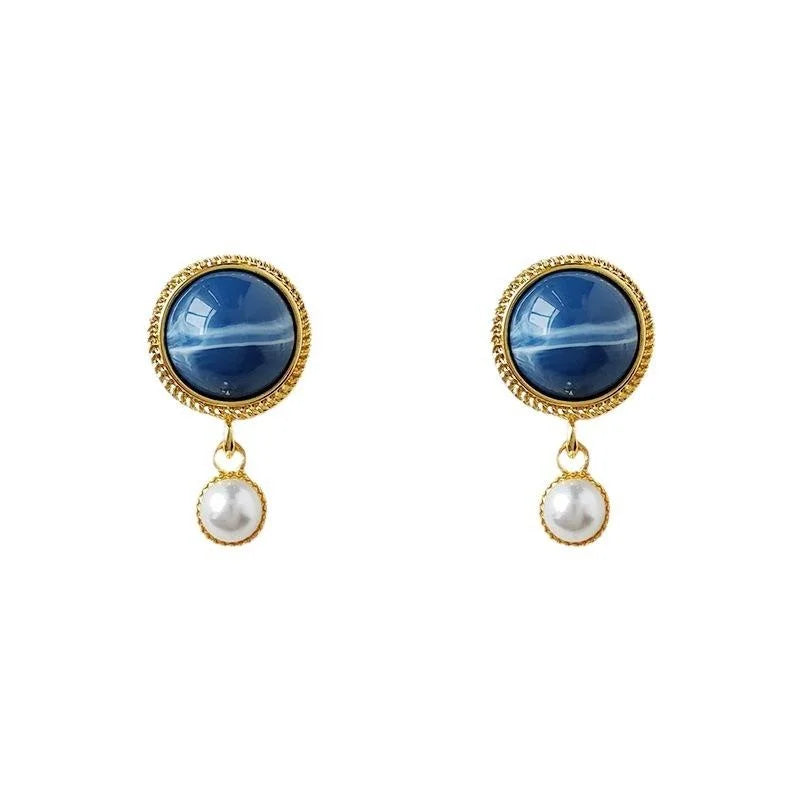 French Vintage 14K Plated Copper Pearl Geometric Round Drop Earrings For Women