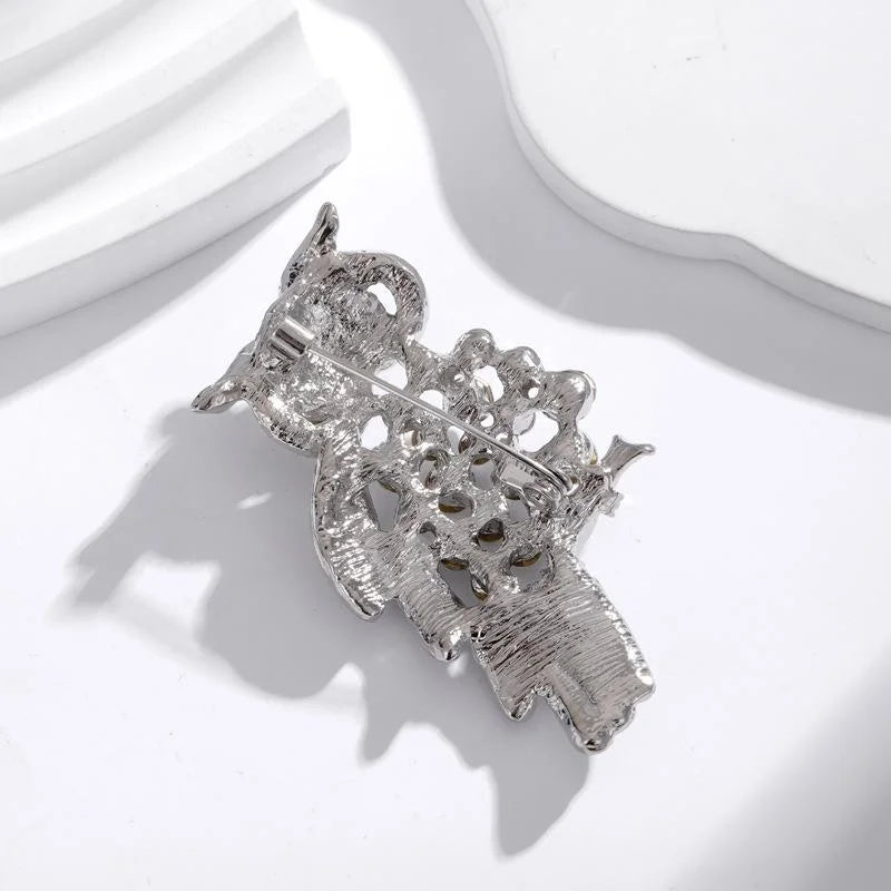 Cute Rhinestone Owl Brooch With Black Eyes, Silver Tone Alloy Animal Lapel Pin Corsage Gift