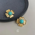 Vintage Floral Drop Earrings With Copper And Synthetic Turquoise, French Statement Luxury Jewelry