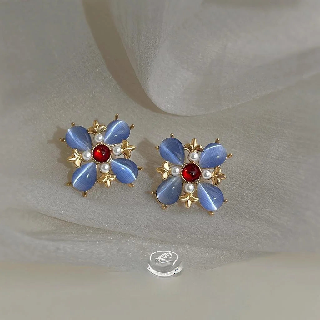 Silver Plated Copper Glass Cat Eye Stone Floral Petal Drop Earrings for Women