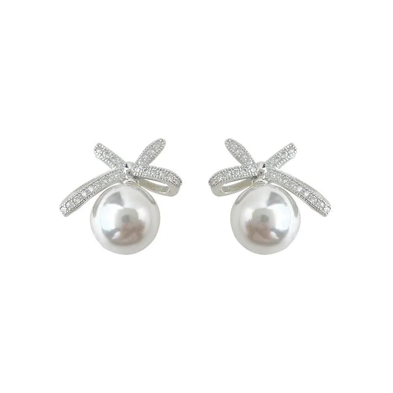 Light Luxury Bowknot Micro Pave Zircon Copper Silver Plated Stud Earrings For Women
