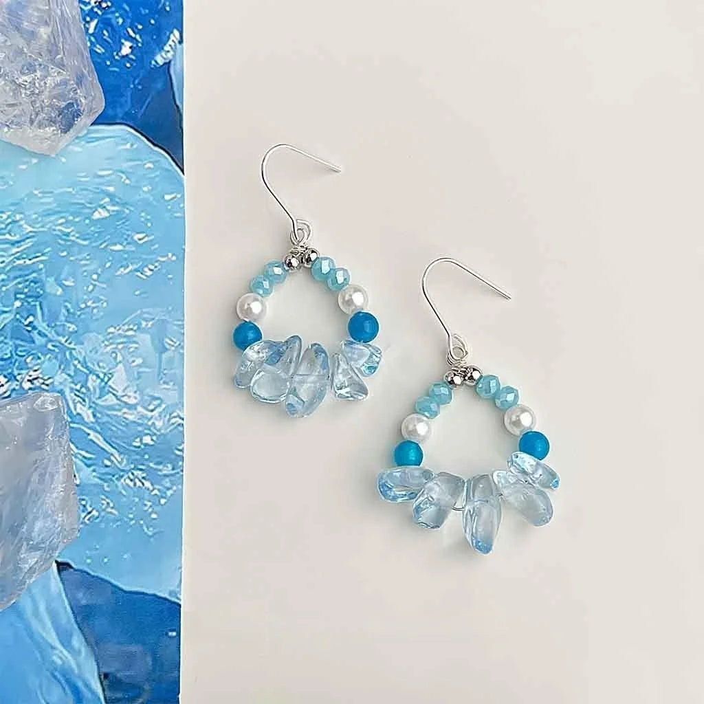 Winter Glacier Blue Glass Crystal Pearl Agate Irregular Geometric Fresh Elegant Drop Earrings