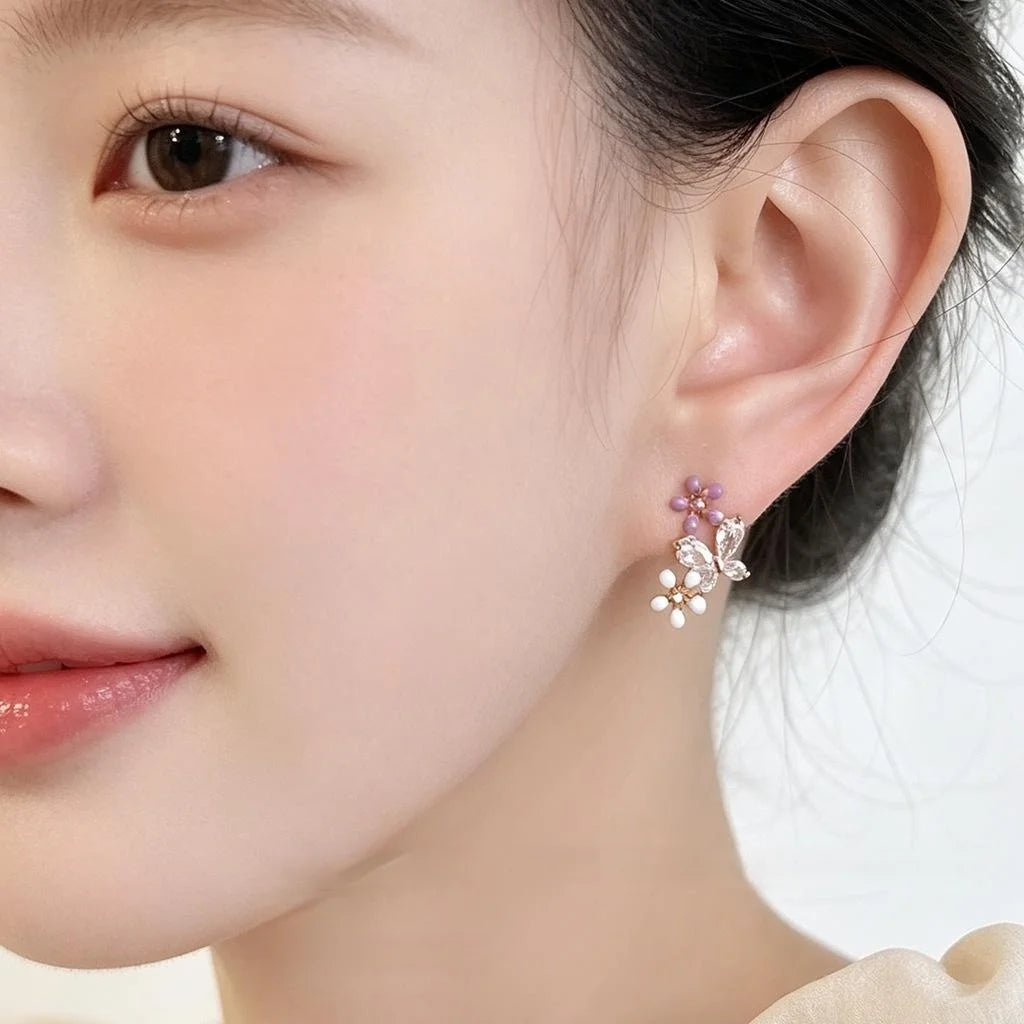 14K Plated Eco Copper Zircon Flower Enamel Stud Earrings Sweet Minimalist Forest Style