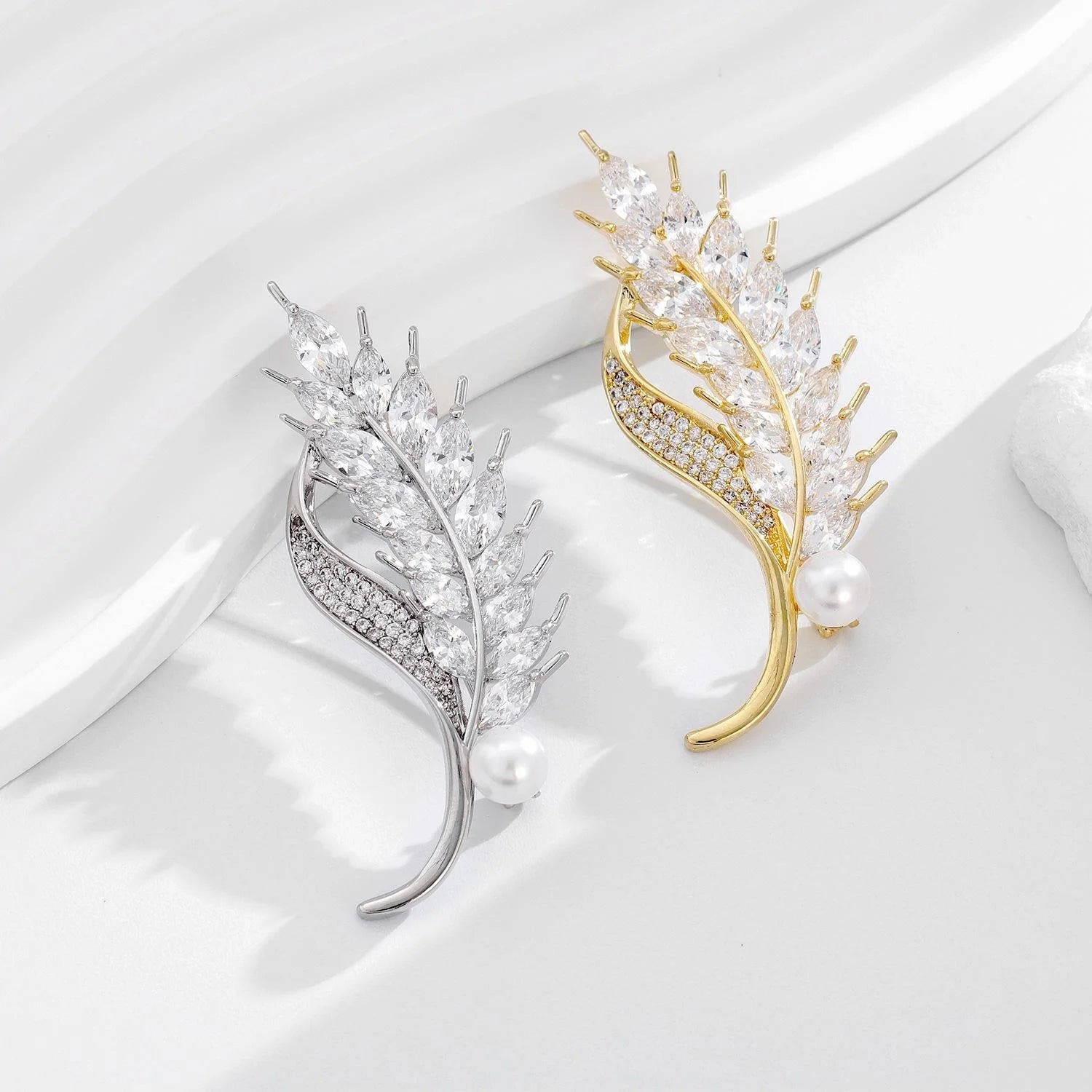 Luxury Wheat Stalk Brooch With Marquise Zircon Rhinestones And Pearl, Elegant Lapel Pin Suit Accessory Gift