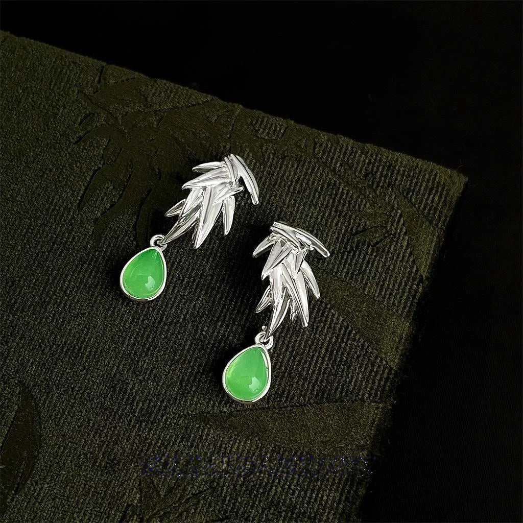 Vintage Silver Plated Copper Bamboo Leaf Drop Earrings New Chinese Ethnic Style Jewelry