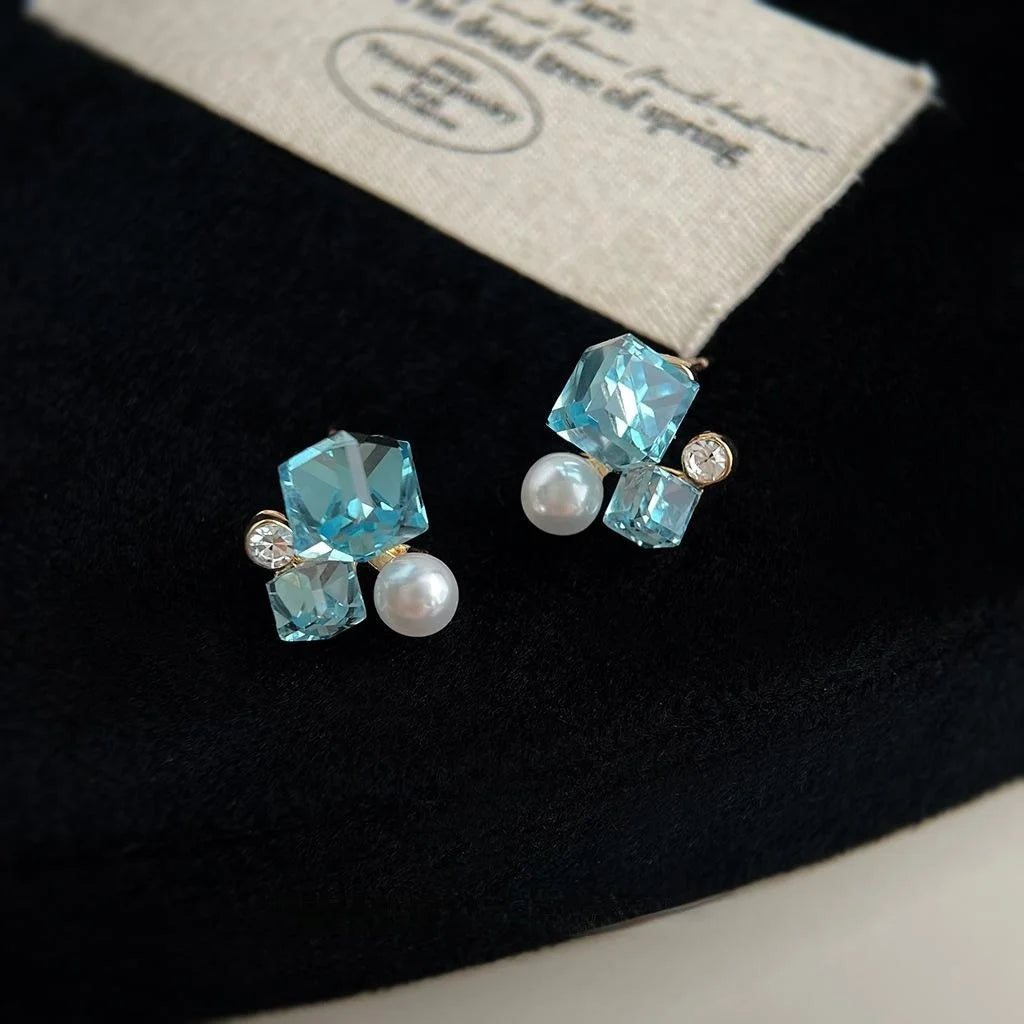 K9 Aquamarine Glass Crystal Sugar Cube Geometric Stud Earrings Fresh Sweet Commuter Style