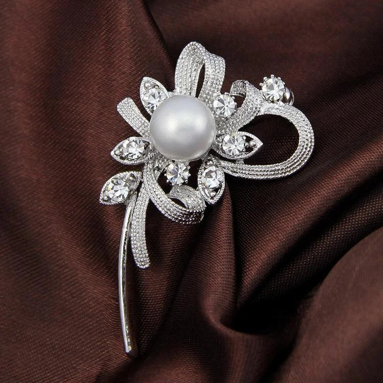 Elegant Bridal Flower Alloy Brooch With Pearl Rhinestone Zircon, Wedding Corsage Lapel Pin Suit Accessory