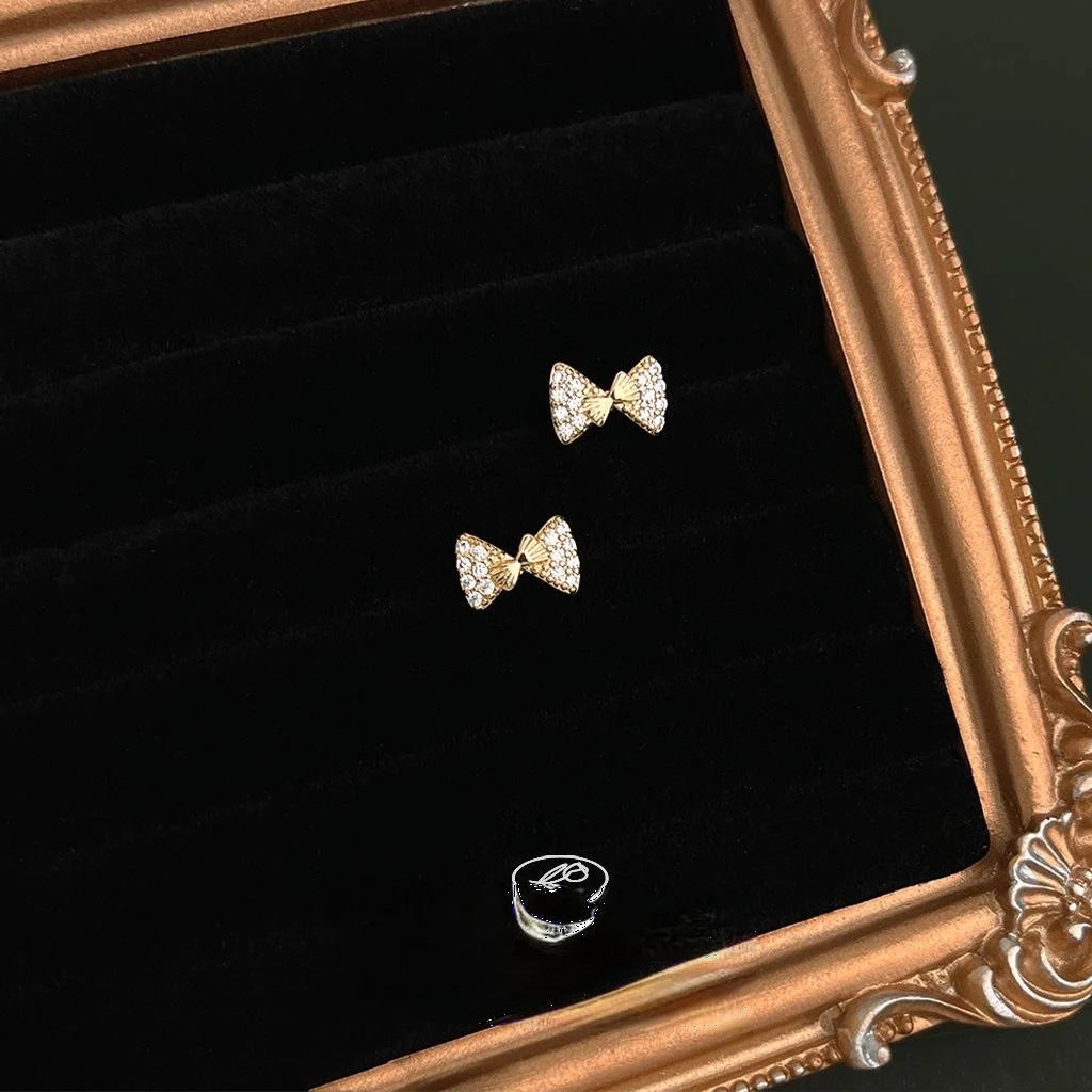 Tiny Micro Pave Zircon 14K Plated Copper Bow Stud Earrings Minimalist Everyday Jewelry