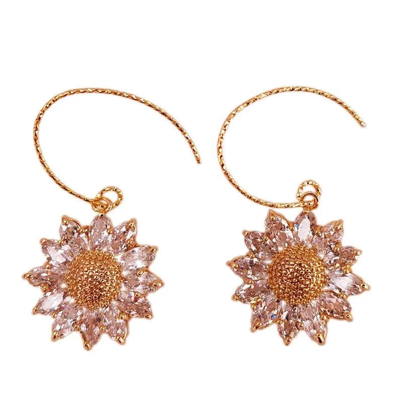 14K Gold Plated Sunflower Pearl Drop Earrings With Micro Pave Zircon, French Fashion OL Floral Jewelry