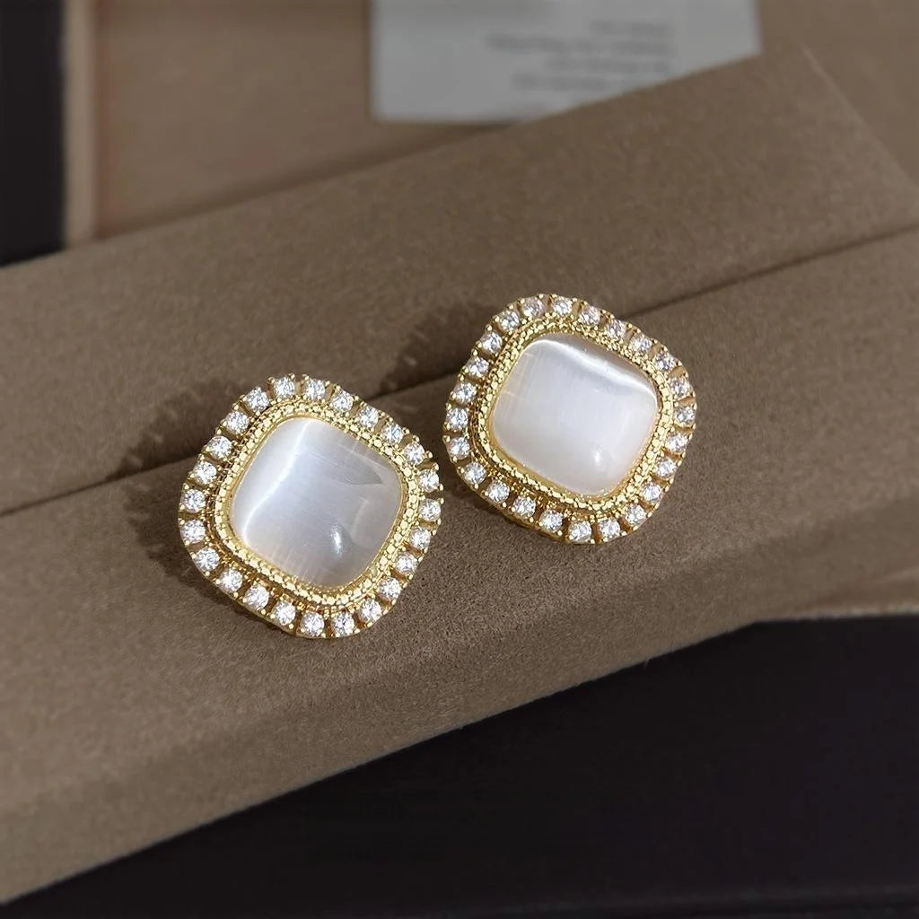 Vintage French Geometric Square Glass Cat Eye Stone Micro Pave Zircon Copper Stud Earrings