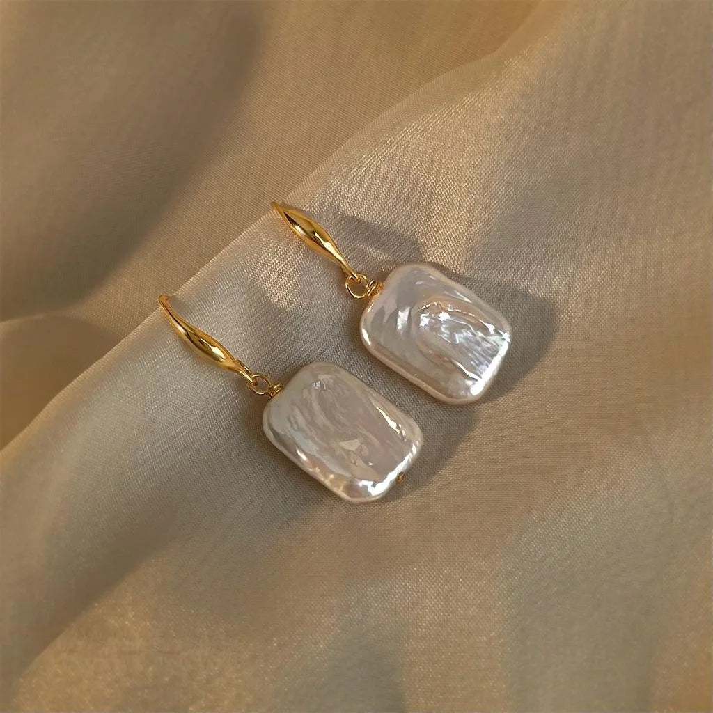 Irregular Baroque Freshwater Pearl Geometric Square Drop Earrings Light Luxury Old Money Style