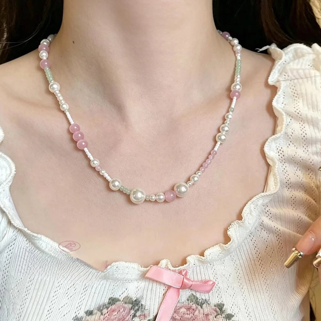 Pink Glass Crystal Cat Eye Stone Geometric Two Way Handmade Sweet Girl Collarbone Necklace