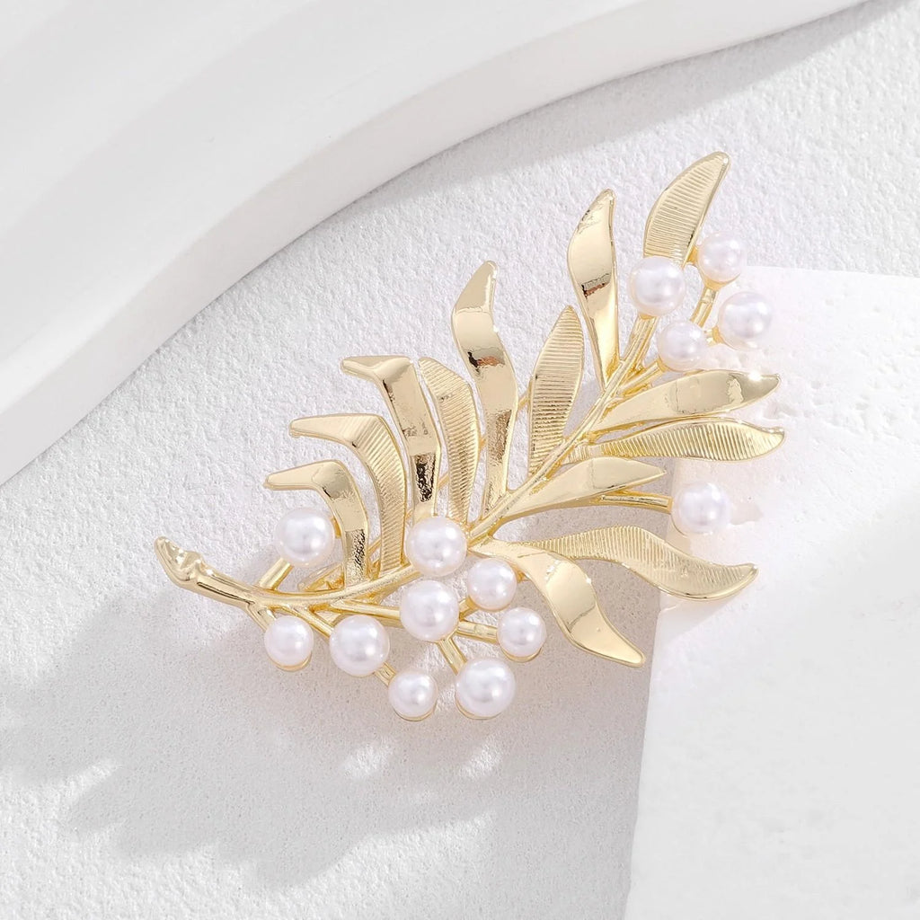 Elegant Gold Alloy Pearl Wheat Leaf Brooch, Botanical Branch Lapel Pin Corsage For Suit Accessory Gift