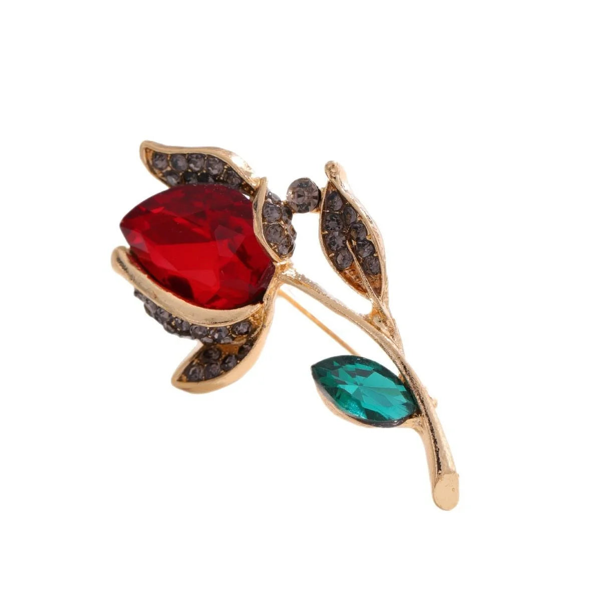 Elegant Red Glass Crystal Rose Flower Brooch With Rhinestone Leaves, Women's Lapel Pin Suit Accessory Gift