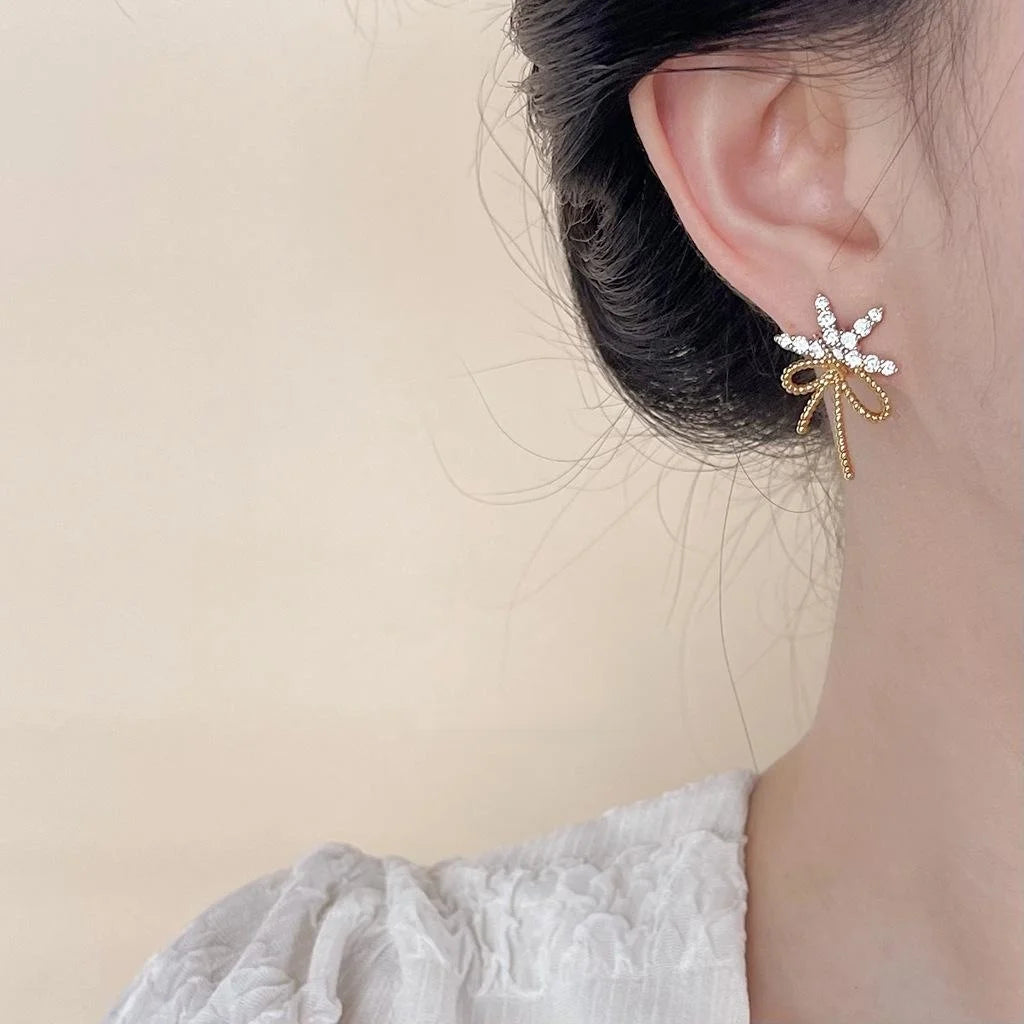 French Vintage Copper Bowknot Micro Pave Zircon Stud Earrings For Women