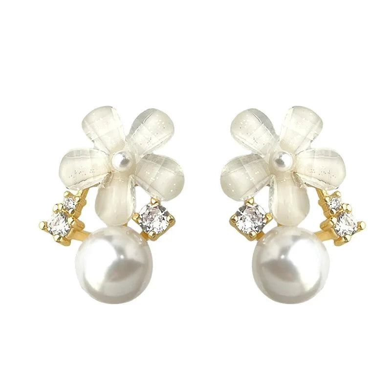 14K Gold Plated Copper Flower Stud Earrings With Micro Pave Zircon Sweet Korean Style