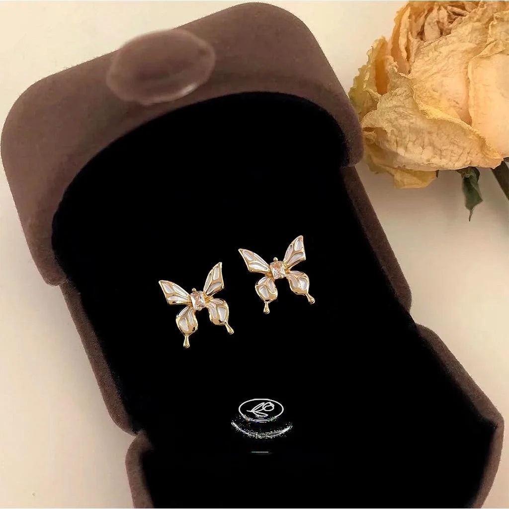 French Light Luxury Butterfly Micro Pave Zircon Copper Stud Earrings