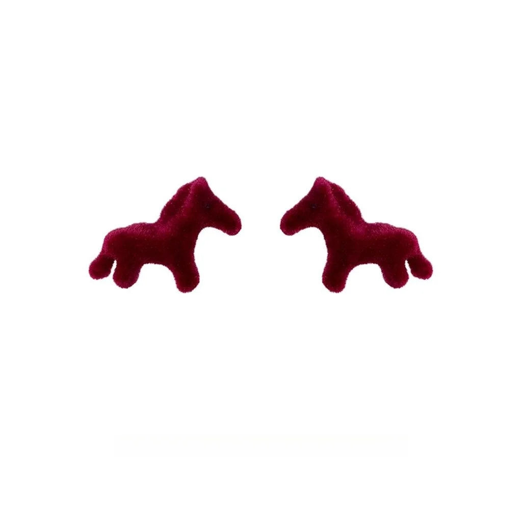 Burgundy Flocked Horse Stud Earrings, Hepburn Style Animal Zodiac Jewelry
