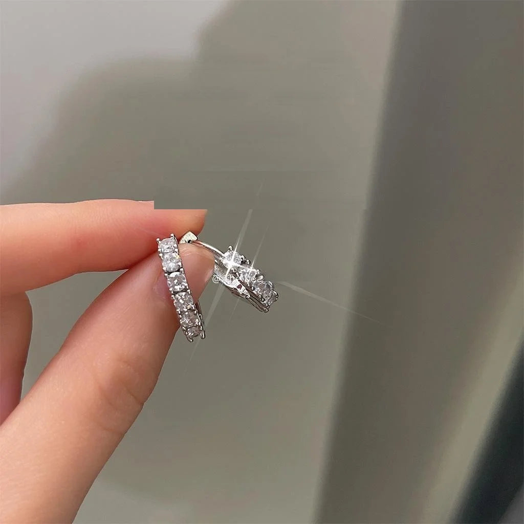 Silver Tone Copper Geometric Hoop Earrings With Micro Pave Zircon Light Luxury Fashion Jewelry