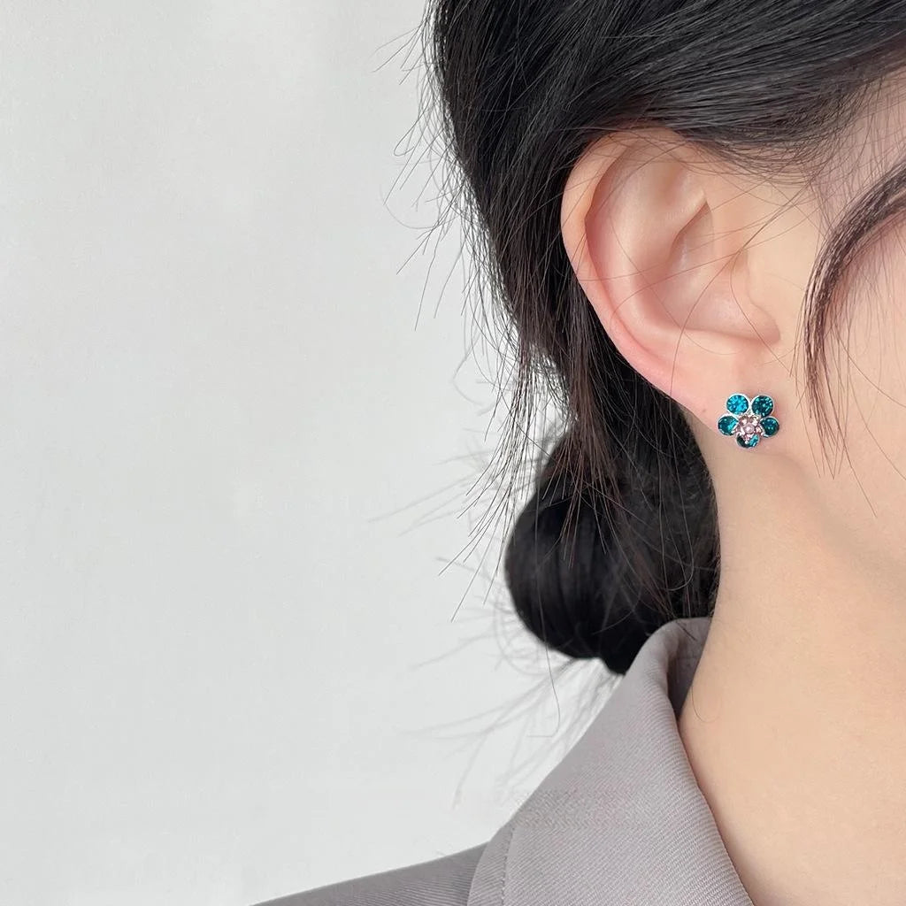 Peacock Blue Rhinestone Flower Stud Earrings Copper Pearl Silver Plated Pin Light Luxury Vintage