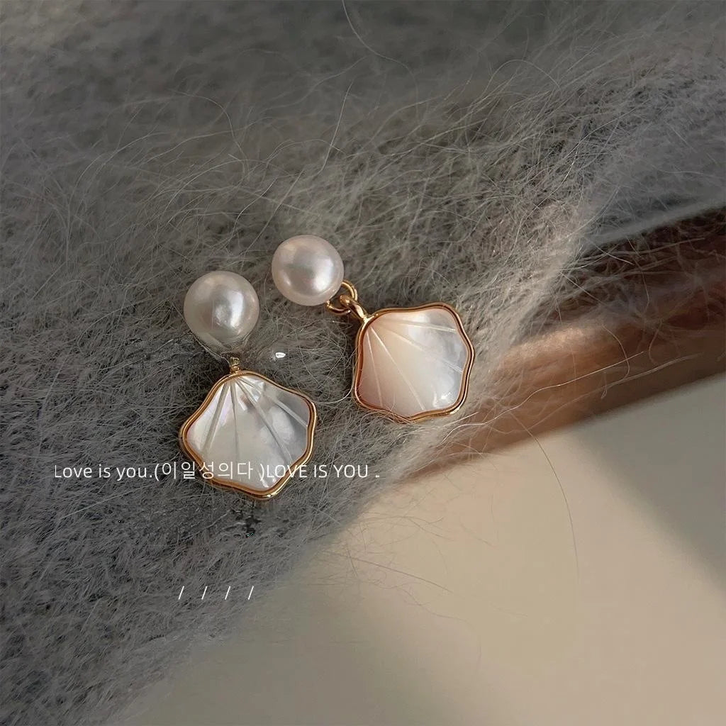 Freshwater Pearl Shell Geometric Stud Earrings French Vintage 14K Plated Jewelry