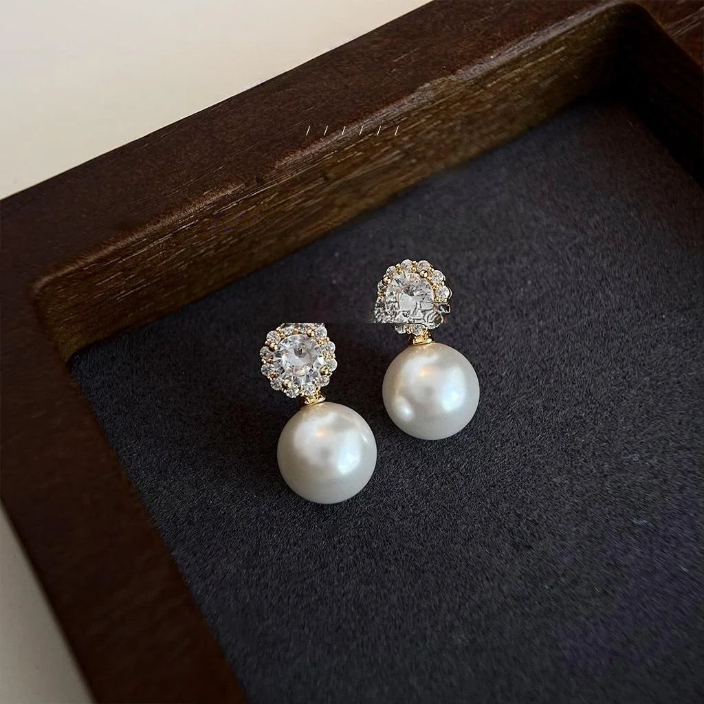 Light Luxury Copper Glass Pearl Micro Pave Zircon Geometric Round Drop Earrings For Women