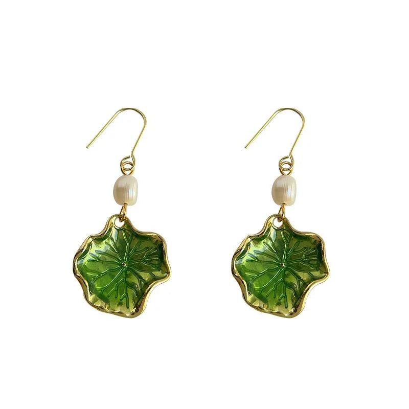 New Chinese 14K Gold Plated Copper Freshwater Pearl Lotus Leaf Enamel Drop Earrings