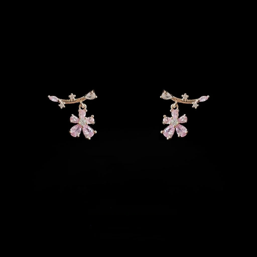 14K Plated Copper Flower Stud Earrings With Micro Pave Zircon Sweet Korean Style